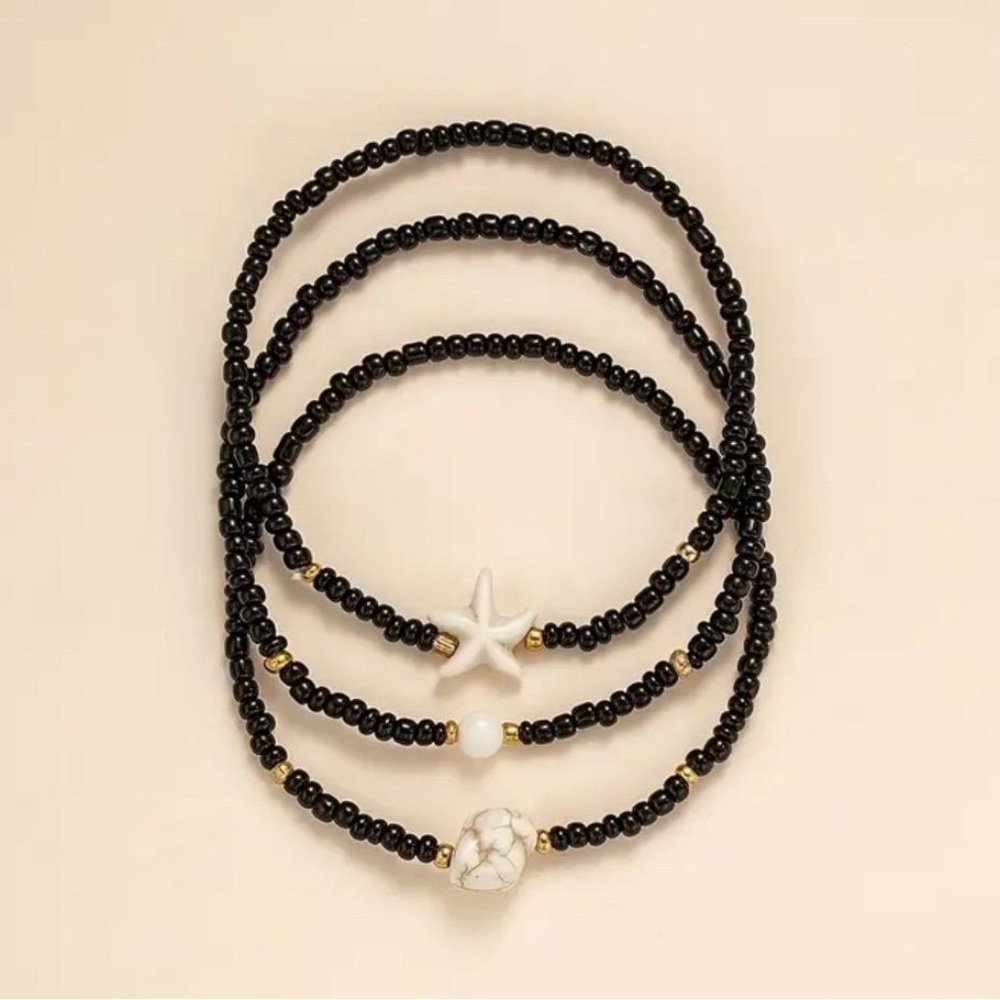 🐚 NEW Beautiful Black Stretchy Beaded Anklet 3 Set with White Seashells